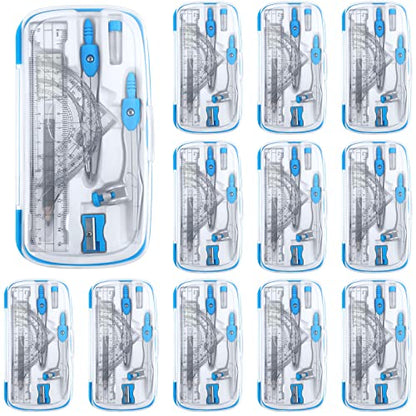 Teling 12 Sets Math Geometry Kit for Students 10 Pcs Compass Geometry Tools Set Includes Rulers Protractor Compass Eraser Pencil Sharpener Lead Refills Pencil (Blue) - color: Blue