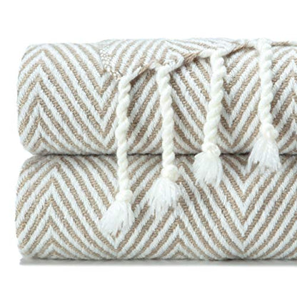 Chanasya Premium Chevron Super Soft Acrylic Throw Blanket with Tassels Cozy Lightweight Fluffy Blanket for Bed Sofa Chair Couch Living Bed Room Beige and White Blanket (50x65 Inches) Taupe - color: Taupe