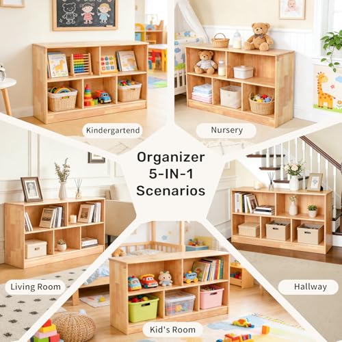 WINGYZ Rubber Wood Montessori Bookshelf, 5-Section Wooden Storage Cabinet - size: 43.3"D x 11.8"W x 23.6"H
