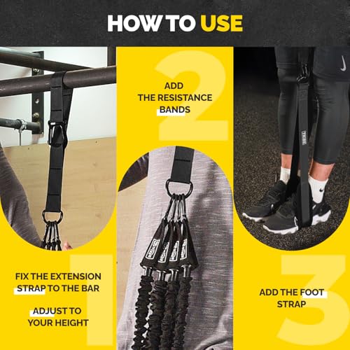 Pull Up Assistance Bands Set with 4 Levels, Adjustable Strap and Foot Rest | 50–200 lb stackable pull-up assistance, nylon-sleeved bands, adjustable support, reduced snap-back risk - color: Black
