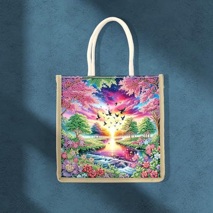 JZHYOAN Landscape DIY Diamond Painting Canvas Tote Bags Package Portable Reusage Handmade Shopping Storage Package DIY Diamond Art Tote Bag Kit Gem ArtTote Bags with Diamonds for Adult Family