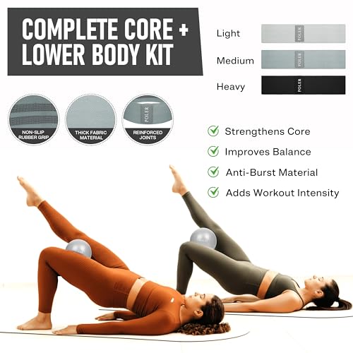 Poler Booty Resistance Bands Set for Women – 3 Fabric Bands (Light, Medium, Heavy) + Pilates Ball – Non-Slip Glute & Leg Workout Kit for Home Fitness, Yoga & Strength Training - color: Black O