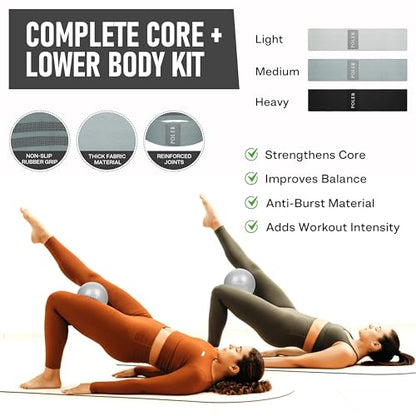 Poler Booty Resistance Bands Set for Women – 3 Fabric Bands (Light, Medium, Heavy) + Pilates Ball – Non-Slip Glute & Leg Workout Kit for Home Fitness, Yoga & Strength Training - color: Black O