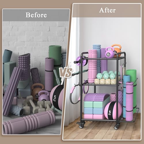 Multi-Functional Home Gym Storage Rack with Wheels and Hooks - color: Black