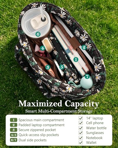 Bagstellar Quilted Tote Bag for Women Teacher Nurse Cotton Laptop Work Tote | Top Zip Closure Puffer Nursing School Travel Tote Bags with 40oz Cup Holder, Lightweight 14” Computer Shoulder Handbag Purses - color: Black Daisy