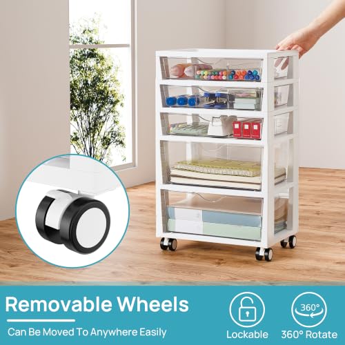Vtopmart 5-Tier Plastic Drawer Storage Rolling Cart with Wheels | Clear Drawers with Multiple Sizes Keep Supplies visible. Sturdy for Under Desk, Office, Makeup , Crafts & Art Storage - style: 5 Tier 5 Drawers