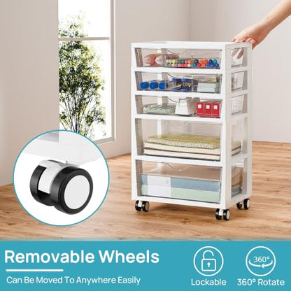 Vtopmart 5-Tier Plastic Drawer Storage Rolling Cart with Wheels | Clear Drawers with Multiple Sizes Keep Supplies visible. Sturdy for Under Desk, Office, Makeup , Crafts & Art Storage - style: 5 Tier 5 Drawers