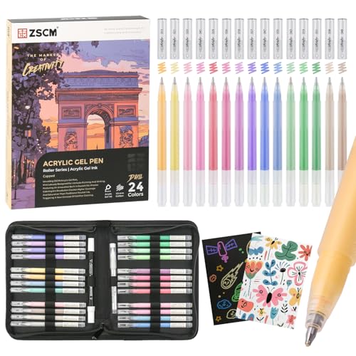ZSCM 24 Colors 3D Acrylic Gel Pens & Black Paper Sketchbook for Drawing | 1mm Fine Point Acrylic Ink Pen, Opaque Archival Bright Ink Pens for Black Paper Drawing, Sketching, Illustration, Card Making - color: 24 Packs-Dull