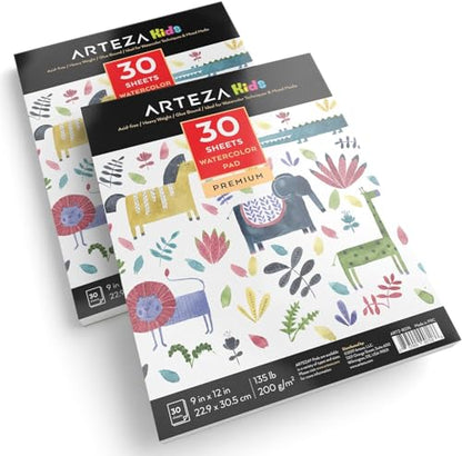 ARTEZA Watercolor Paper for Kids, 2 Pack, 30 Sheets Each, 9x12 Inches Water Pad, 135lb/200gsm, Glue Bound, Acid Free Kids Paper - style: 60 Sheets