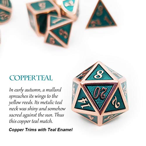 Haxtec Metal DND Dice Set, 7 Pcs Teal Polyhedral Dice for Table Games | Copper D&D Dice with Leather Bag, Compatible with Dungeons and Dragons, Ancient Heavy Metallic, Druid Dice, RPG Gifts - color: Copper Teal