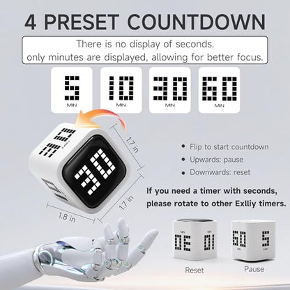 Rotating Productivity Timer, 5, 10, 30, 60 Minute Presets, Desk Cube | Gravity sensor with mute function; ADHD-friendly for work, study, kitchen and back to school - color: Whiteb