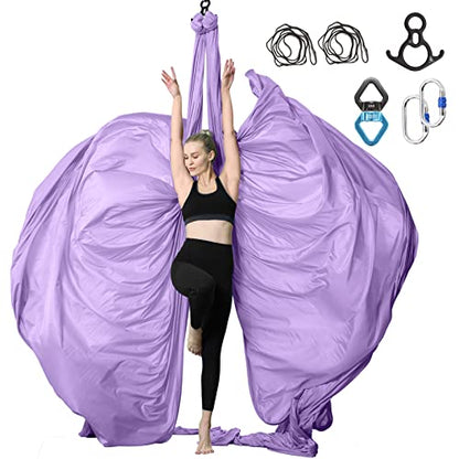 Aerial Silks Yoga Swing Set, Fitness Aerial Yoga Kit | Anti-Gravity Flight Aerial Yoga Hammock Kit; Low/Non Stretch Nylon Tricot Fabric; For Fitness & Dance; Hardware Included - color: 9Yards-Lilac