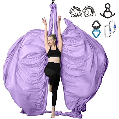 Aerial Silks Yoga Swing Set, Fitness Aerial Yoga Kit | Anti-Gravity Flight Aerial Yoga Hammock Kit; Low/Non Stretch Nylon Tricot Fabric; For Fitness & Dance; Hardware Included - color: 9Yards-Lilac