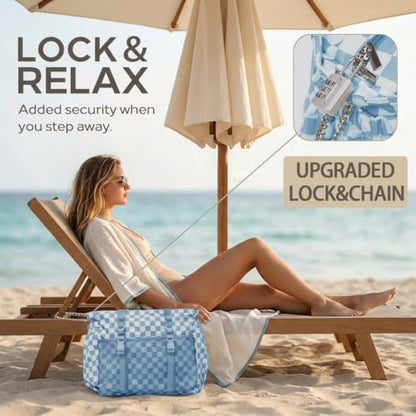 Omanmoli Beach Bag for Women Large Waterproof Sandproof Tote 40oz Holder | Anti-theft Lock & Chain,12 Pockets,2 Insulated Foil Pockets,Checkered,Cruise Travel Vacation Picnic Pool Work Gym,Checkered - color: Beige&blue