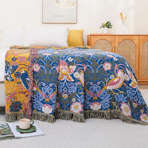 Boho Cotton Muslin Twin Size Bed Throws Blue&Yellow 60"×80" - color: Bird&florals, size: 60''x80''