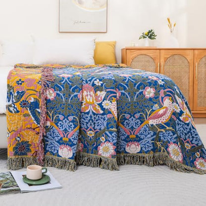 Boho Cotton Muslin Twin Size Bed Throws Blue&Yellow 60"×80" - color: Bird&florals, size: 60''x80''