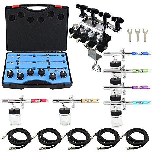 OPHIR 6X 0.35mm Dual Action Airbrush Gun Set for Body Art Painting | Includes 6 Siphon Feed Airbrushes, 5 Nylon Air Hoses, and Airbrush Holder For Crafts, Art, Model Hobby Painting, Artwork - color: 6x Siphon Feed Airbrush+5x Airbrush Hose+Holder