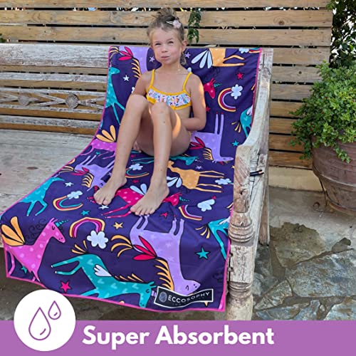 ECCOSOPHY Microfiber Kids Toddler Beach Towel, Quick Dry, Sand Free, 60x30 - color: Unicorns
