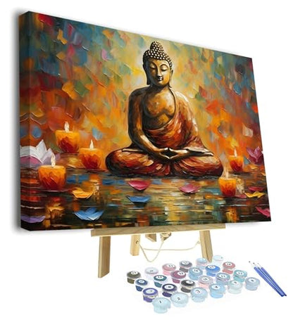 TUMOVO Buddha DIY Paint by Number Colourful Abstract Paint by Numbers for Adults Kids Beginner Paint by Numbers on Canvas Statue with Lotus Flower and Candle Ornament Oil Painting Kits 16"x20"Framed - color: Buddha Wooden Frame