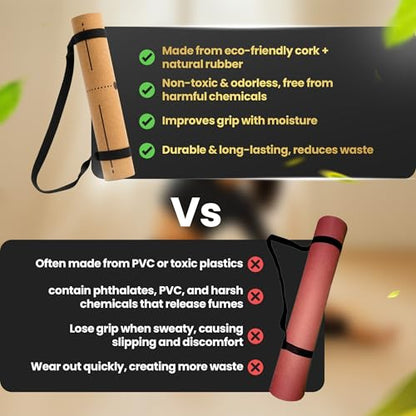 Cork Yoga/Excercise Mat with Carrying Strap | 72in x 26in | 5mm Thick | Luxury | Eco-Friendly | Non-Slip & Water Absorbent | Alignment and Pose Markers | Laser Engraved Design | Pilates