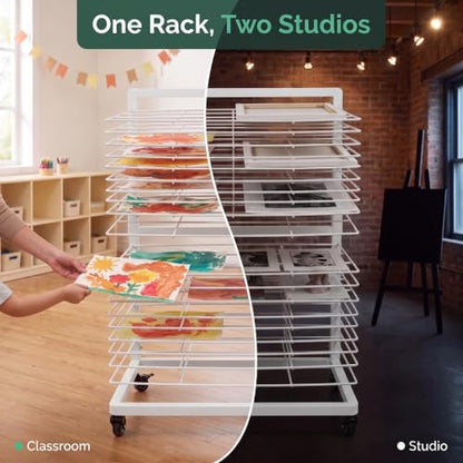 OFFICEROO White Art Drying Rack for Classroom & Preschool – 18-Shelf Mobile Paint Drying Rack, Canvas & Paper Drying Rack for Art Storage - color: White