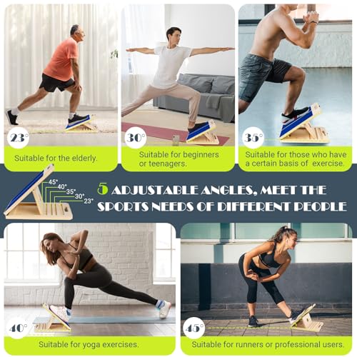 Slant Board Calf Stretching, 300 LBS Capacity Portable Wooden Incline Board | Training Poster, 5 Adjustable Angles, Non-Slip Calf Mobility Board for Legs, Ankles, Knees, Heels, Physical Therapy & Squats