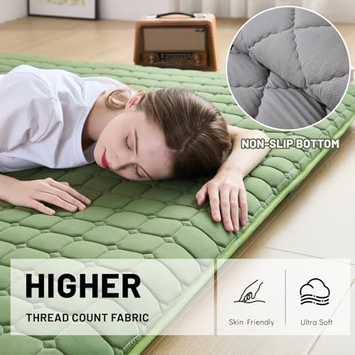 Zelladorra Japanese Floor Mattress, Anti-Slip Japanese Futon | Portable Floor Mattress, Roll Up Sleeping Mat with Storage Bag, ideal for Guests and Camping, Green - color: Green, size: Full (80"L x 54"W)