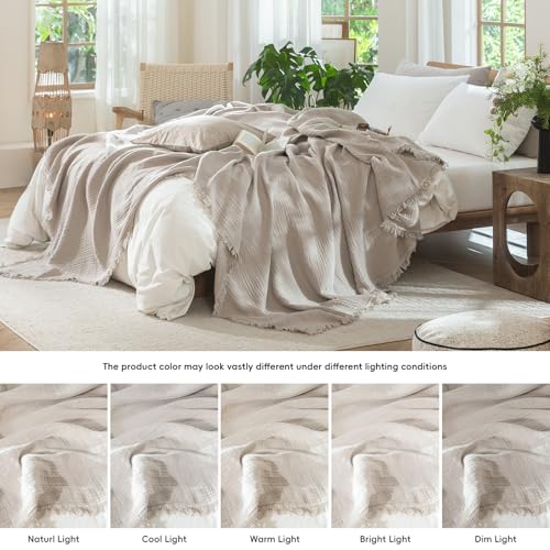MooMee 100% Cotton Muslin Blanket, Fringed 4-Layer Gauze Bed Couch Throw - color: Cream Grey, size: Throw