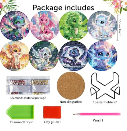 Mrnsiet 8PCS Diamond Art Coasters with Holder, DIY Dragon Diamond Painting Coasters Kits for Adults, Non Slip Cute Dragon Mosaic Dot Painting Coaster Gift Set for Beginners 4x4 Inch - color: BDWY353-US