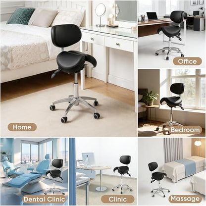 Ergonomic Saddle Stool with Backrest, 485 lbs Capacity Rolling Stool, 12 Tilt, Adjustable Height Split Seat Stool, 360 Swivel Rolling Chair for Office, Salon, Massage, Dental, Tattoo - color: Saddle Stool With Backrest