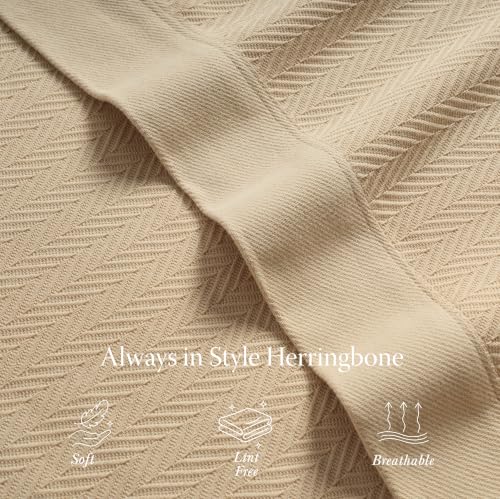 Threadmill Luxury 100% Cotton Queen Herringbone Blanket, Beige - color: Beige, size: Queen (90" x 92")