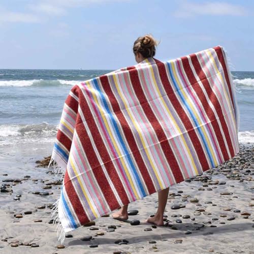 Open Road Goods Authentic Mexican Serape Blanket – 100% Cotton Falsa Throw - Multi-Color Handmade Blanket/Classic Striped Falsa Beach Blanket (Red/Rust) - color: Red/Rust