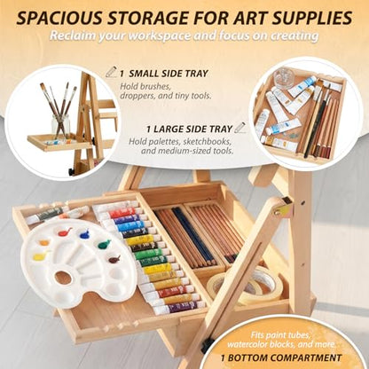 Beech Wood H-Frame Painting Easel Stand,Flat & Upright Adjustable Art Easel | Adjustable height 48"-82" & tilt 0°-90", fits 30"-50" canvas, Foldable wooden easel with storage drawer & trays for adults - color: Organic Natural