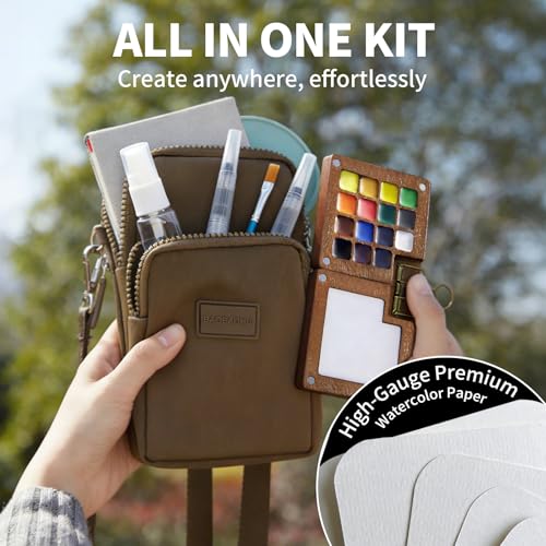 Mini Watercolor Paint Set, Travel Painting Kit with Walnut Wood Palette 15-Color, Crossbody Bag, Watercolor Journal, Metal Clip, Water Cup, Water Brush, for Artists, Beginners & Adults, Brown - color: Brown