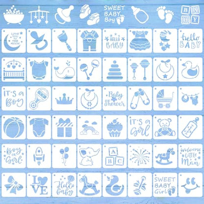 Augshy 56 Pieces Baby Shower Stencils for Painting Cute Onesie Pattern 3 in | Reusable Animal Pattern Templates, Bodysuit Shoes Bibs Clothes Crafting, Cute Baby Shower Cake Decorating, 3 Inch - style: Baby Shower