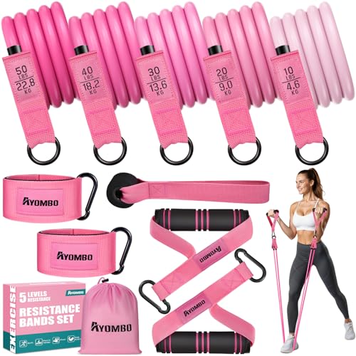 Ayombo Resistance Bands with Handles for Women, 150LBS Exercise Bands Set for Physical Therapy Yoga Pilates, 5 Level Workout Bands for Working Out with Door Anchor, Home Gym Fitness Equipment - color: 1-Pink