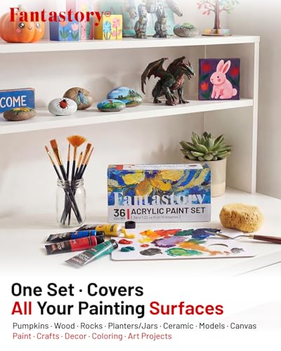 Fantastory 36ml 36 Colors Acrylic Paint Set with 10 Brushes | Excellent Coverage, High Light Fastness, Waterproof, Includes Extra White & Gold, for Canvas, Wood, Ceramics, Models - style: 36 Colors
