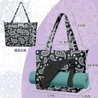 Yoga Bag for Women, Large Canvas Yoga Mat Tote Bag with Yoga Mat Carrier | Large Mat Pocket Fitness Tote for Pilates, Gym, Travel, Office & Beach - color: Black Paisley