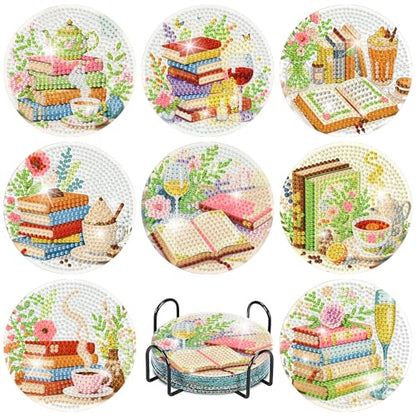 Mrnsiet 8PCS Books Diamond Art Coaster Kits for Adults, DIY Books Diamond Painting Coaster with Holder, Non Slip Hardwood Bases Coaster Set Gift for Beginners 4x4 Inch - color: Bdwy470-us