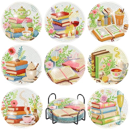 Mrnsiet 8PCS Books Diamond Art Coaster Kits for Adults, DIY Books Diamond Painting Coaster with Holder, Non Slip Hardwood Bases Coaster Set Gift for Beginners 4x4 Inch - color: Bdwy470-us