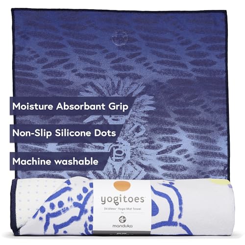 Manduka Yogitoes Hot Yoga Mat Towel - 71" | Moisture Activated Grip | Patented Silicone Nubs | Highly Absorbent, Durable & Easy Care | Made from Recycled Materials | 71 x 24 Inches | Chakra Print Blue - color: Chakra Print Blue, size: 71" x 24"