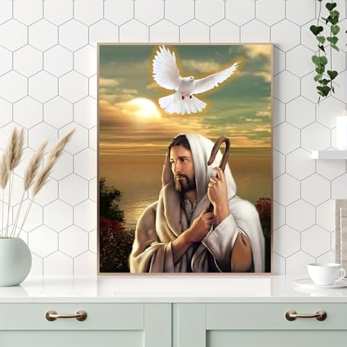 Ohhvvow Jesus Diamond Art Painting Kits for Adults, Full Drill Faith Diamond Dots Paintings for Beginners, Round 5D Peace Bird Paint with Diamonds Pictures, Dove Gem Art Painting DIY Crafts 12x16 Inch - color: Jesus A