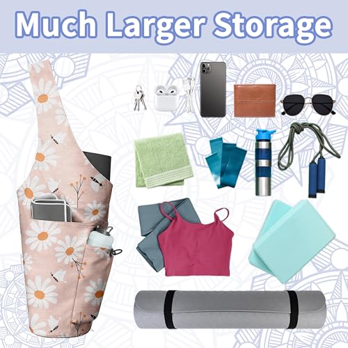 Yoga Bag for Women, Large Yoga Mat Bag Tote Carrier with Wet Dry Pocket | Water Bottle Holder & Adjustable Strap, Fits 1/2" Thick Yoga Mat for Gym, Pilates, Travel, Work - color: Pink Daisy