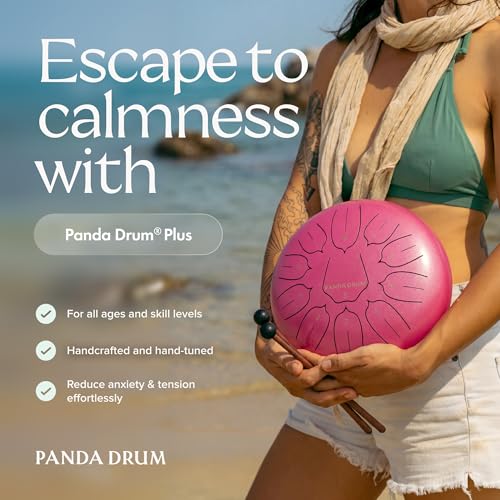 Panda Drum Plus (Pink) | Steel Tongue Drum for Inside & Outside | 11 Inch | with Music Book, Mallets, Carrying Bag & Finger Picks | 432 Hz Rain Drum | Calming Musical Instrument for Adults - color: Pink
