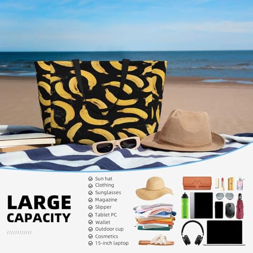 Large Beach Bag for Women Waterproof Foldable Travel Shoulder Tote Bag with Pocket for Weekender Pool Vacation - color: Banana Black