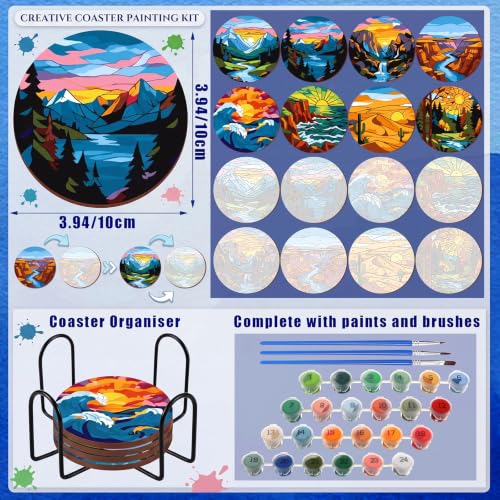 Reallnaive 8 Pcs Mountain Paint by Numbers Kit for Adults Wooden Coasters | Mini Landscape Paint by Numbers, Tiny Sunrise River Round Oil Painting Drink Coaster with Holder, for Small DIY Craft Gift - style: Mountains