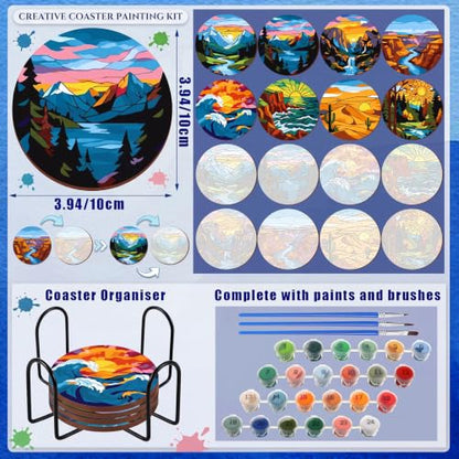 Reallnaive 8 Pcs Mountain Paint by Numbers Kit for Adults Wooden Coasters | Mini Landscape Paint by Numbers, Tiny Sunrise River Round Oil Painting Drink Coaster with Holder, for Small DIY Craft Gift - style: Mountains