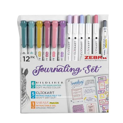 Zebra Pen Journaling Set, MILDLINER, CLiCKART & SARASA, Assorted, 12-Pack | Includes 6 MILDLINER Highlighters, 5 CLiCKART Felt Tip Pens & 1 SARASA MarkOn Pen, Ideal for Bible Study & Note-Taking (14012 - style: Creative Journaling Set 10 Pack