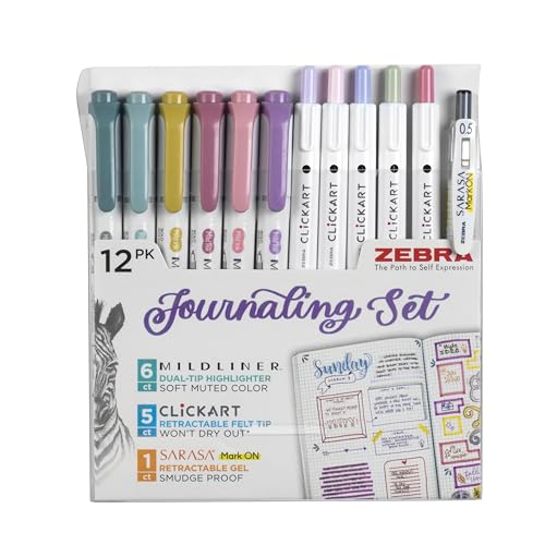 Zebra Pen Journaling Set, MILDLINER, CLiCKART & SARASA, Assorted, 12-Pack | Includes 6 MILDLINER Highlighters, 5 CLiCKART Felt Tip Pens & 1 SARASA MarkOn Pen, Ideal for Bible Study & Note-Taking (14012 - style: Creative Journaling Set 10 Pack