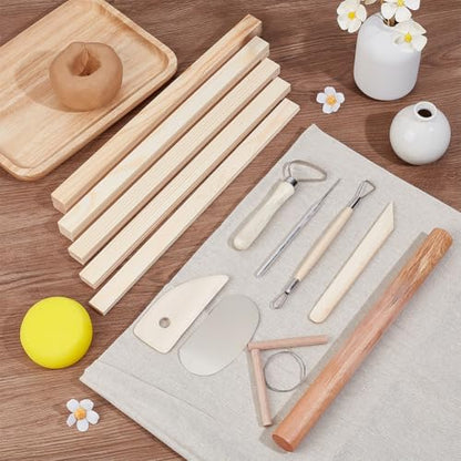 OLYCRAFT 20Pcs Pottery Making Set Includes 1Pcs Wooden Rolling Pin 10Pcs Pottery Rolling Mud Stick Guide 8Pcs Clay Sculpting Tools 1Pcs Portable Linen for Polymer Clay for DIY Beginners
